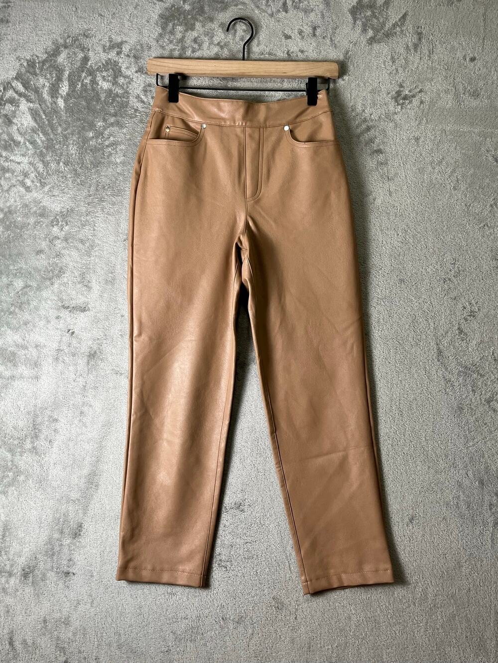 Spanx Tan Faux Leather Straight Leg Pants Size S High Rise Ankle Slim Trouser